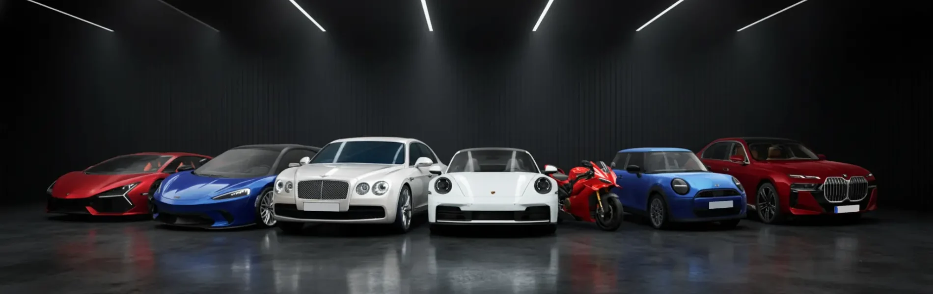 Pre-owned luxury cars collection at Infinity Group – certified used vehicles from top brands like BMW, MINI, Porsche, Lamborghini, Bentley, Ducati, and McLaren.